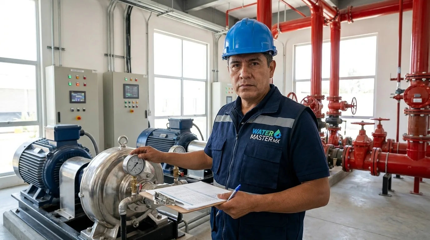 Técnico Water Master instalando hidráulica en obra comercial — cotización y asesoría en México